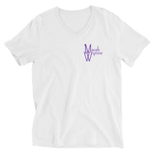 Load image into Gallery viewer, Unisex Short Sleeve V-Neck T-Shirt with Purple Butterfly back
